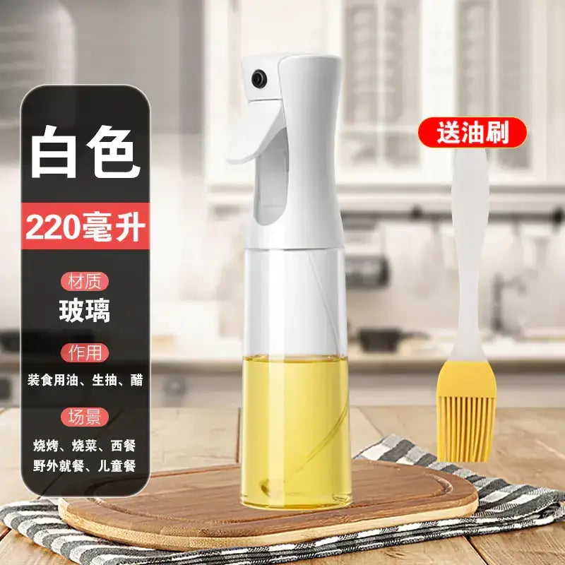 White 220ml glass spray bottle with a clear body containing yellow oil.