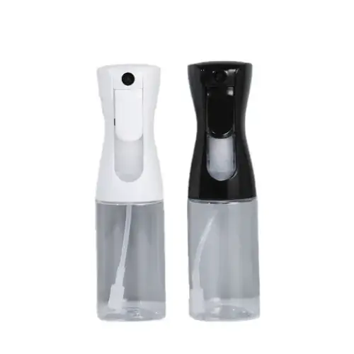 Two spray bottles, one white and one black, each with a clear plastic body and a matching colored trigger mechanism.