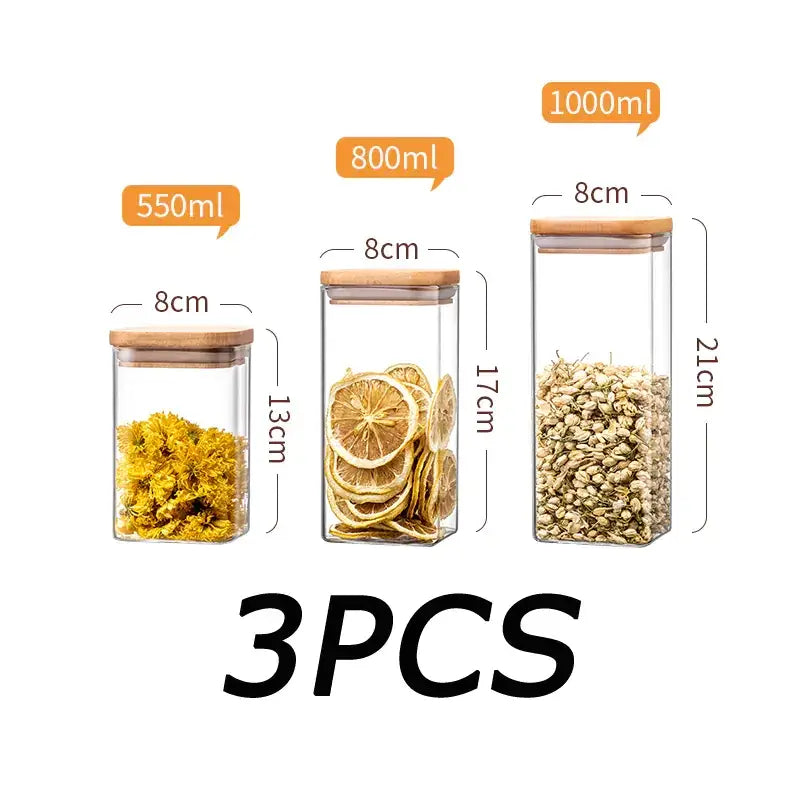 Set of three clear glass food storage jars with bamboo lids, available in 550ml, 800ml and 1000ml capacities.