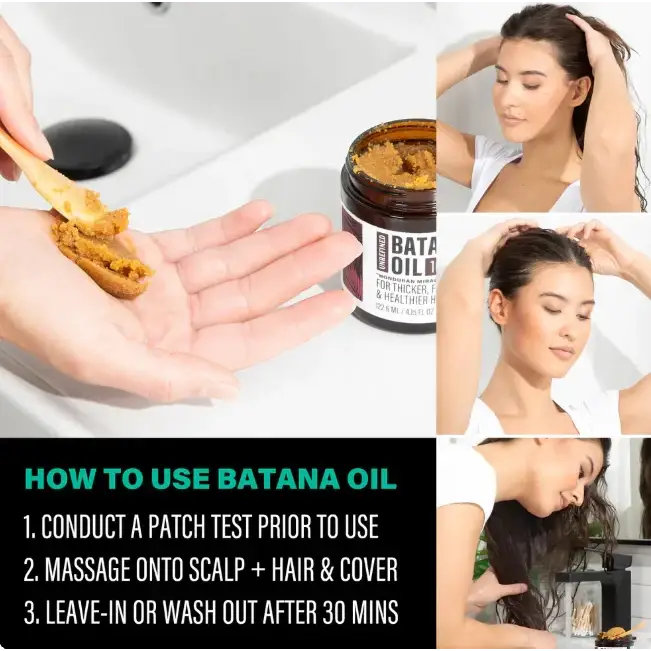 A brown, textured batana oil hair treatment in a glass jar with a black lid and white label.