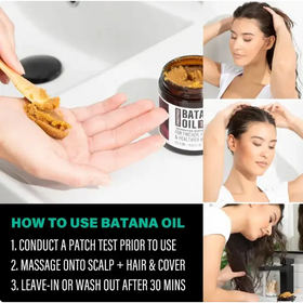 A brown, textured batana oil hair treatment in a glass jar with a black lid and white label.