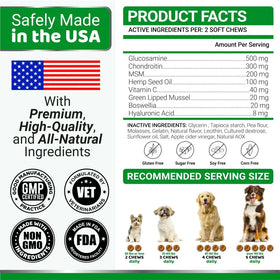 This is a package of dog joint support soft chews, featuring active ingredients like glucosamine and chondroitin in a formula with natural components such as hemp seed oil and green lipped mussel.