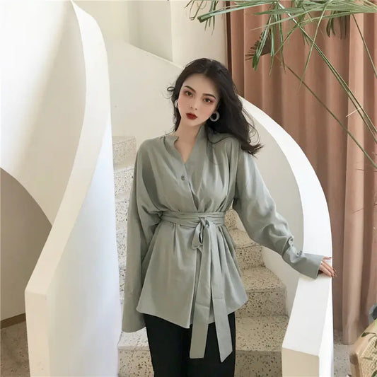 Retro Long Sleeve Tie Shirt with Unique Design - Joomcy