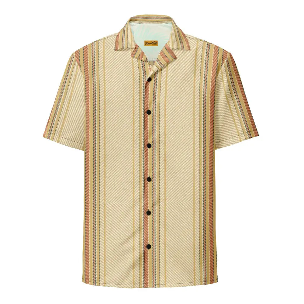 A short-sleeved button-up shirt with vertical stripes in beige, rust, and dark brown on a textured fabric.