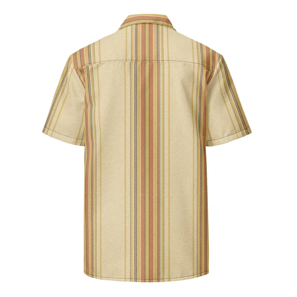 A short-sleeved button-up shirt with vertical stripes in beige, rust orange, and dark gray on a textured fabric.
