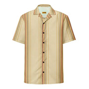 A short-sleeved button-up shirt with vertical stripes in beige, rust, and dark brown on a textured fabric.
