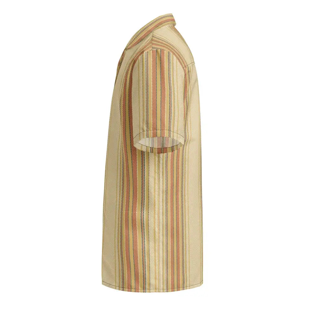 A short-sleeved button-up shirt with vertical stripes in beige, rust orange, and dark brown on a textured fabric.