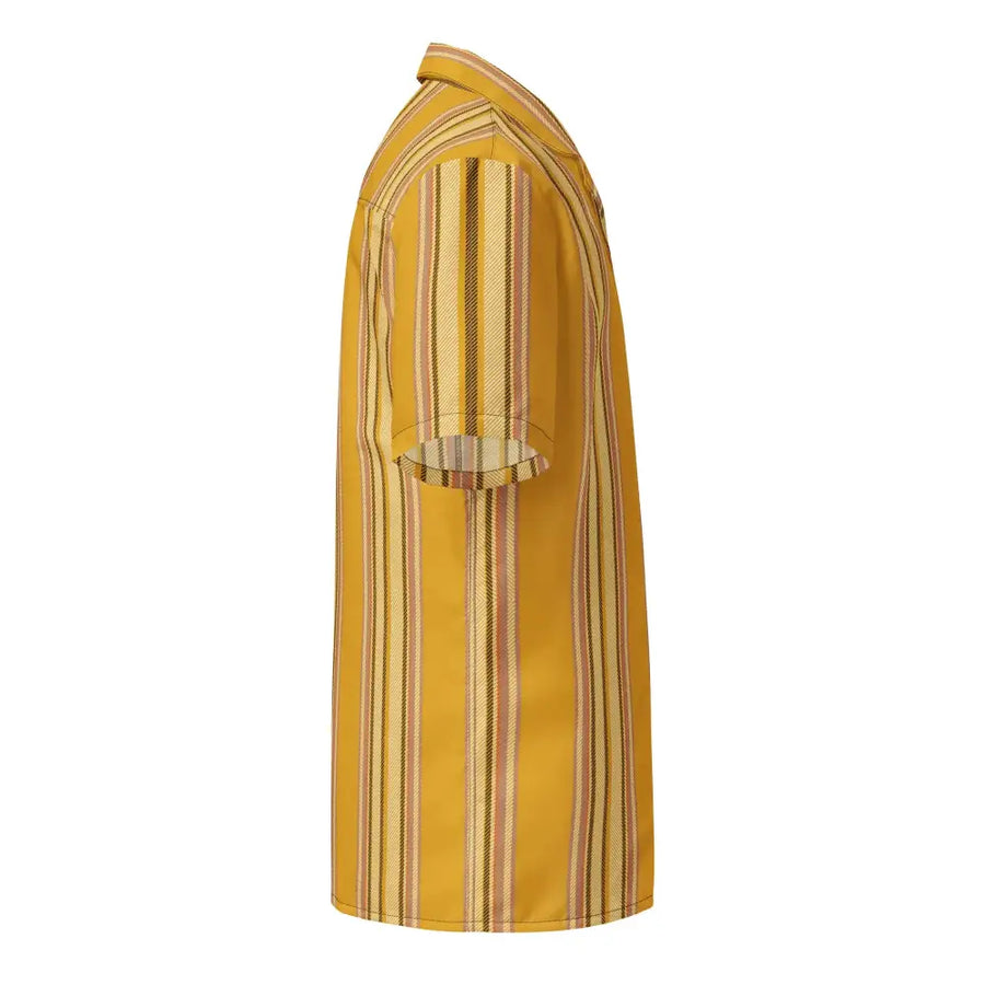 A vibrant yellow short-sleeved button-up shirt featuring vertical stripes in shades of brown, beige, and cream.