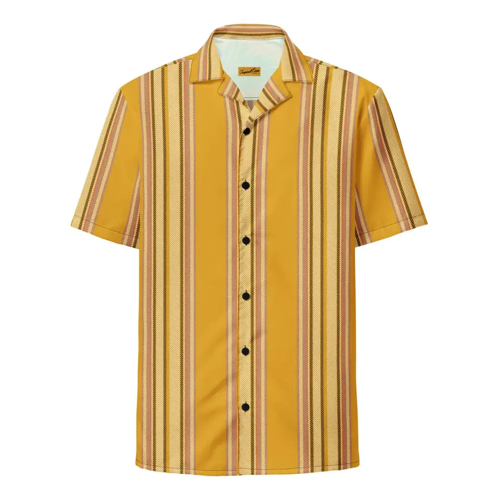 A vibrant yellow short-sleeved button-up shirt with vertical stripes in beige, brown, and cream tones.