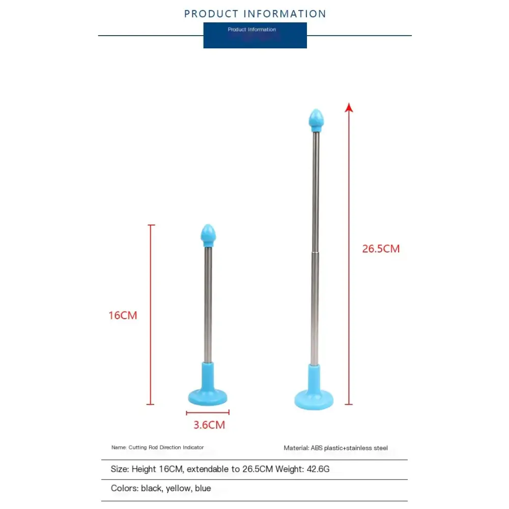 Blue plastic and stainless steel cutting rod direction indicator with extendable design.