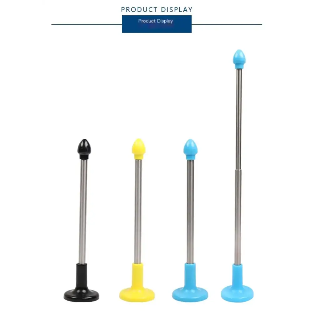 Four colorful, collapsible standing poles with plastic-tipped tops and bases in black, yellow, light blue, and dark blue.