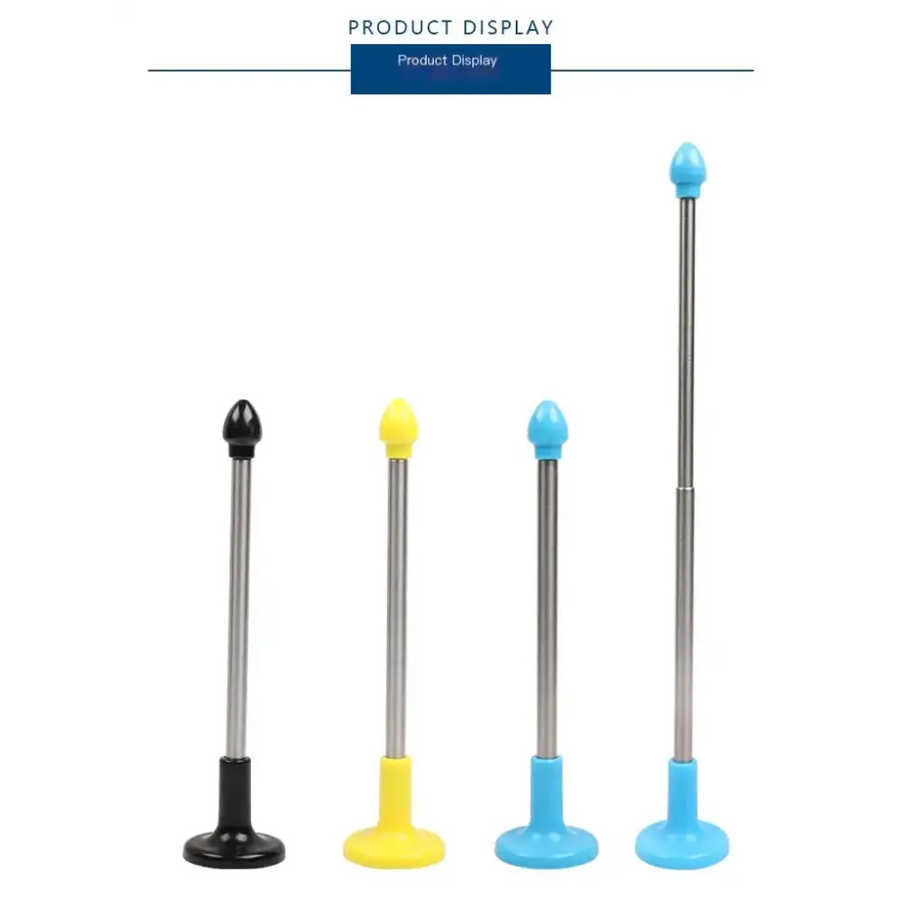 Four colorful, collapsible standing poles with plastic-tipped tops and bases in black, yellow, light blue, and dark blue.