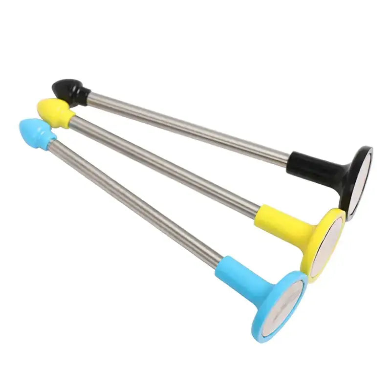Set of three colorful magnetic wall hooks with plastic handles in blue, yellow, and black.