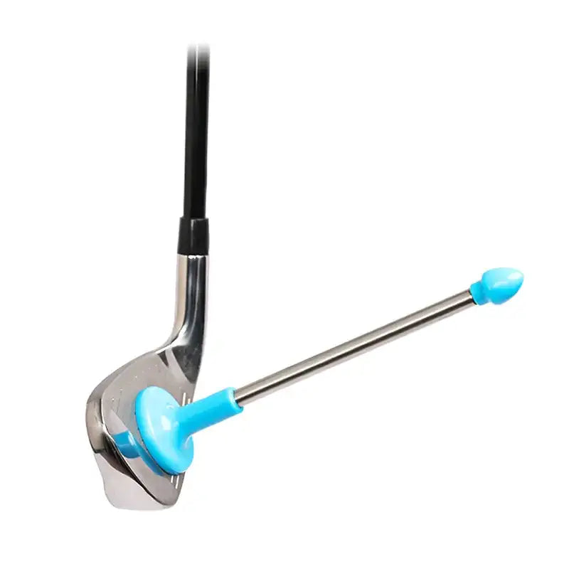 A sleek, metallic golf club head with a black shaft and bright blue plastic grip attachments.