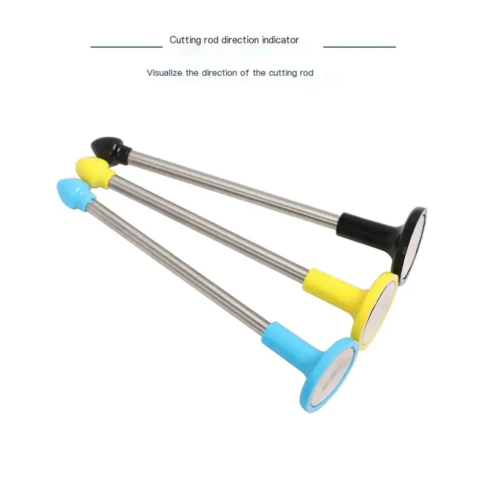 Three colorful plastic-tipped metal cutting rod direction indicators with black, yellow and blue handles.
