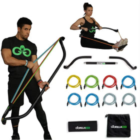Gorilla bow resistance training set featuring a black curved bar, colorful elastic bands in yellow, green, red, and blue, with matching jump ropes and storage pouches.
