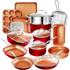 Red copper-colored nonstick cookware set with stainless steel handles and glass lids.
