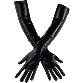 Black, glossy faux leather gloves with a sleek, elongated design.