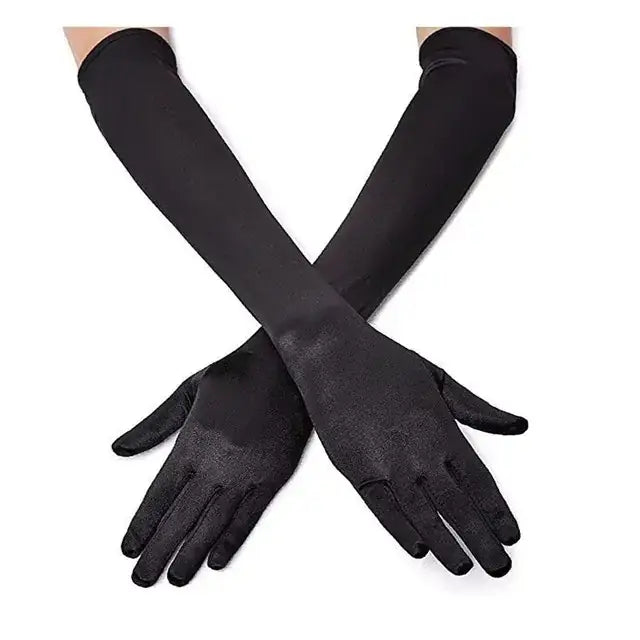 Black, long-sleeved gloves with a smooth, satin-like finish.