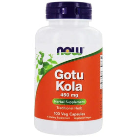 White plastic bottle with a purple cap and an orange label featuring the ’now’ brand name, displaying gotu kola 450 mg herbal supplement capsules.