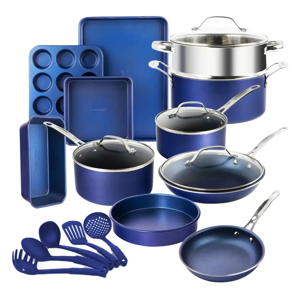 Blue nonstick cookware set with stainless steel handles and glass lids