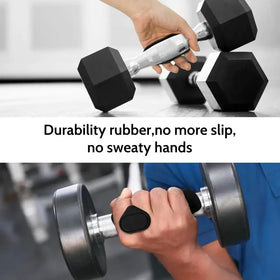Black hexagonal dumbbell with a textured silver handle and rubber grip.