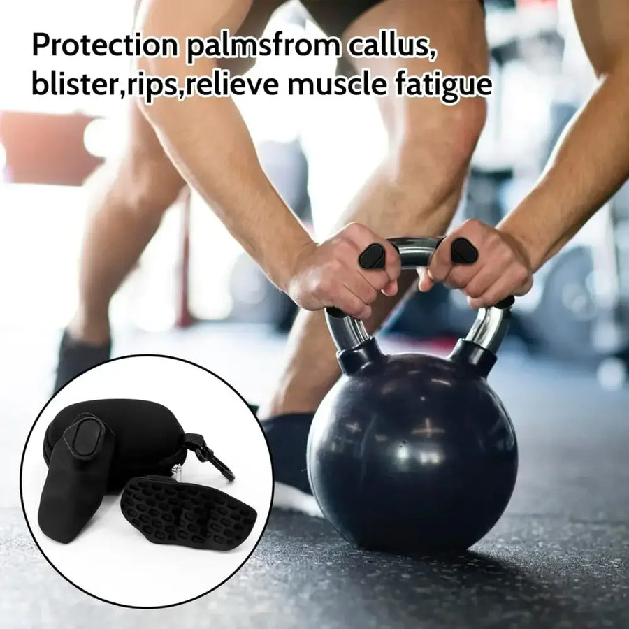 Black rubber palm protectors with textured grip and zipper closure.