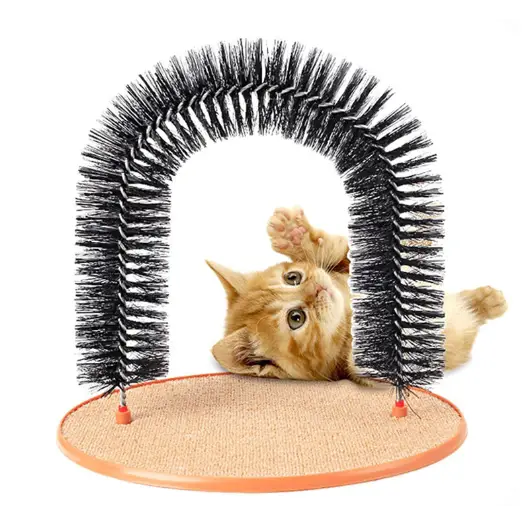 A black, arched cat toy with bristles and a textured base.