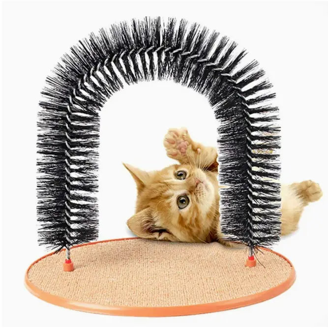 Black bristle arch cat toy with orange base and scratching surface