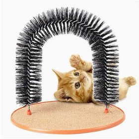 Black bristle arch cat toy with orange base and scratching surface