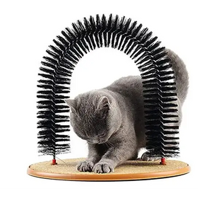 Black bristle arch cat toy with a wooden base.