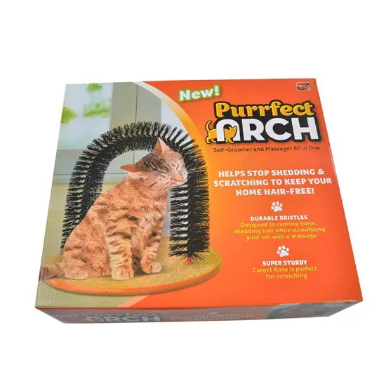 Orange and black purrfect arch self-groomer and massager for cats, featuring durable bristles on a sturdy carpet base.