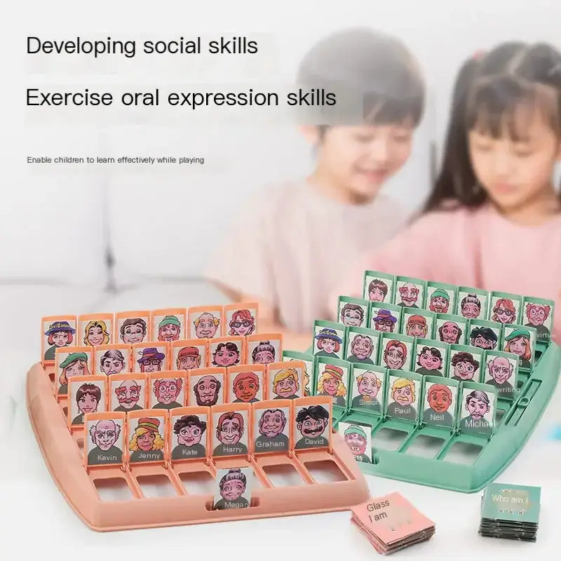 The image shows a colorful, plastic-based educational game set with two distinct trays holding numerous illustrated character cards featuring diverse faces and names.
