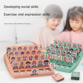 The image shows a colorful, plastic-based educational game set with two distinct trays holding numerous illustrated character cards featuring diverse faces and names.