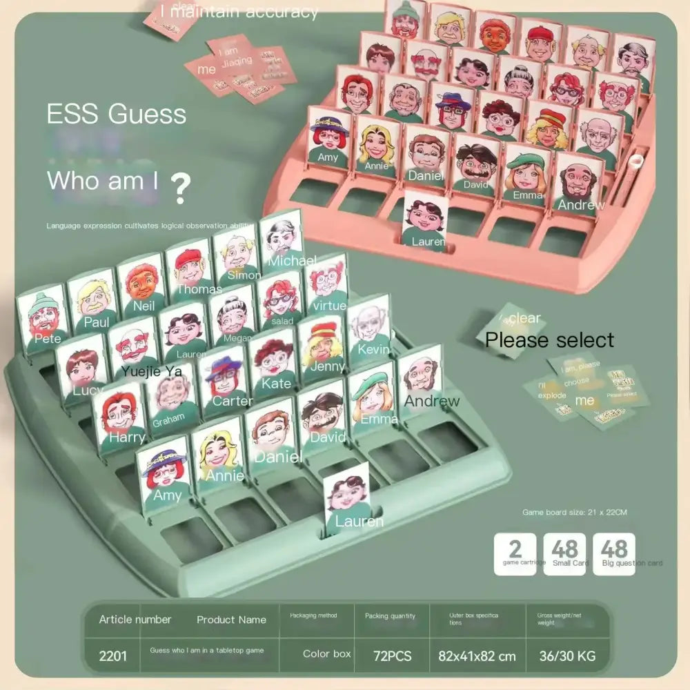 The ess guess ’who am i?’ tabletop game features colorful, illustrated character cards in a pink and green plastic tray with matching slots for gameplay.