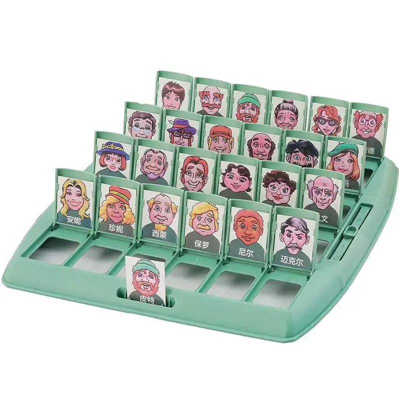 Green plastic game board with cartoon character cards featuring names in chinese characters.