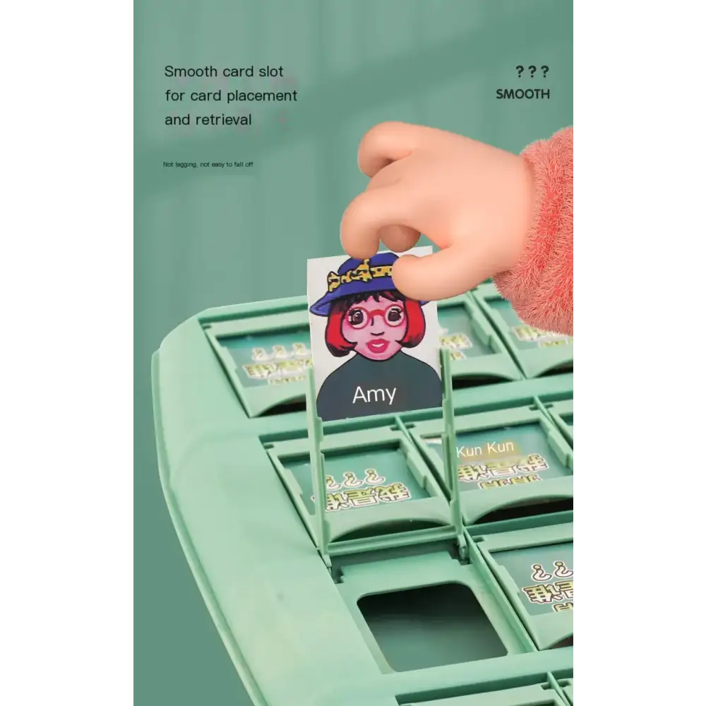 Green plastic card organizer with smooth slots holding colorful character name cards.