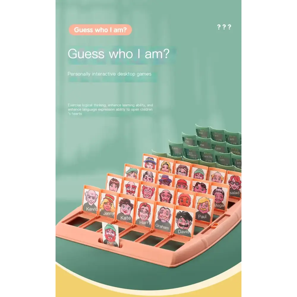 Orange plastic game tray holding colorful illustrated name cards with cartoon faces.