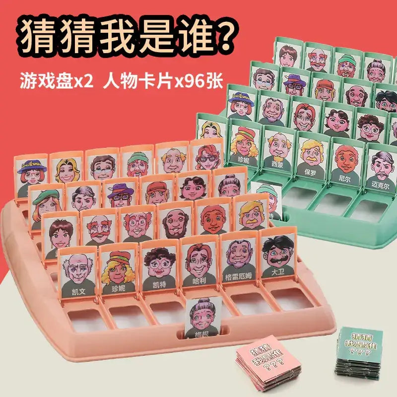 Pink plastic game tray holding 96 illustrated character cards with names printed below each portrait.