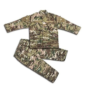Multicam-patterned military-style two-piece uniform set.