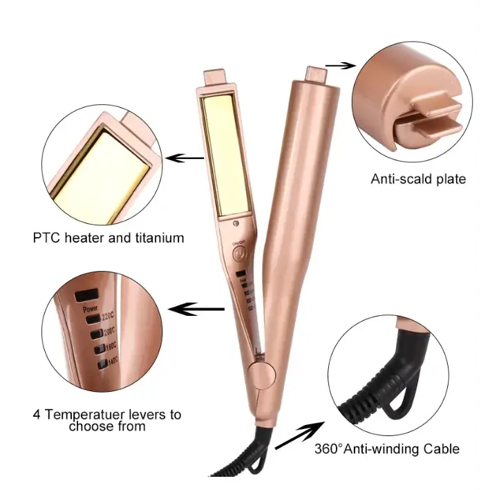 Rose gold-colored hair straightener with a ptc heater and titanium plate, featuring four temperature settings.