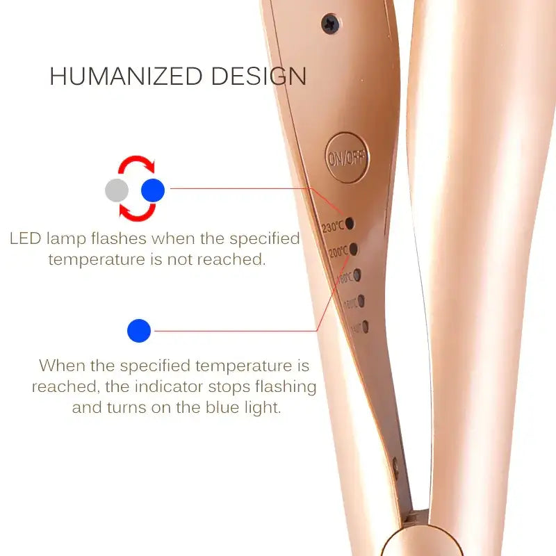 Rose gold-colored hair straightener with temperature control settings and an led indicator light.