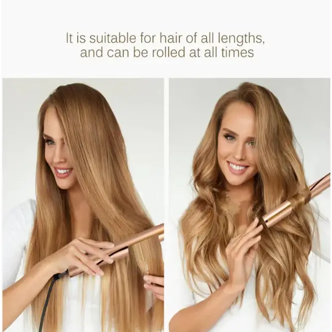 Rose gold hair curling iron with a sleek, cylindrical design and smooth, rounded ends.