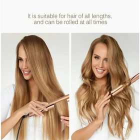 Rose gold hair curling iron with a sleek, cylindrical design and smooth, rounded ends.