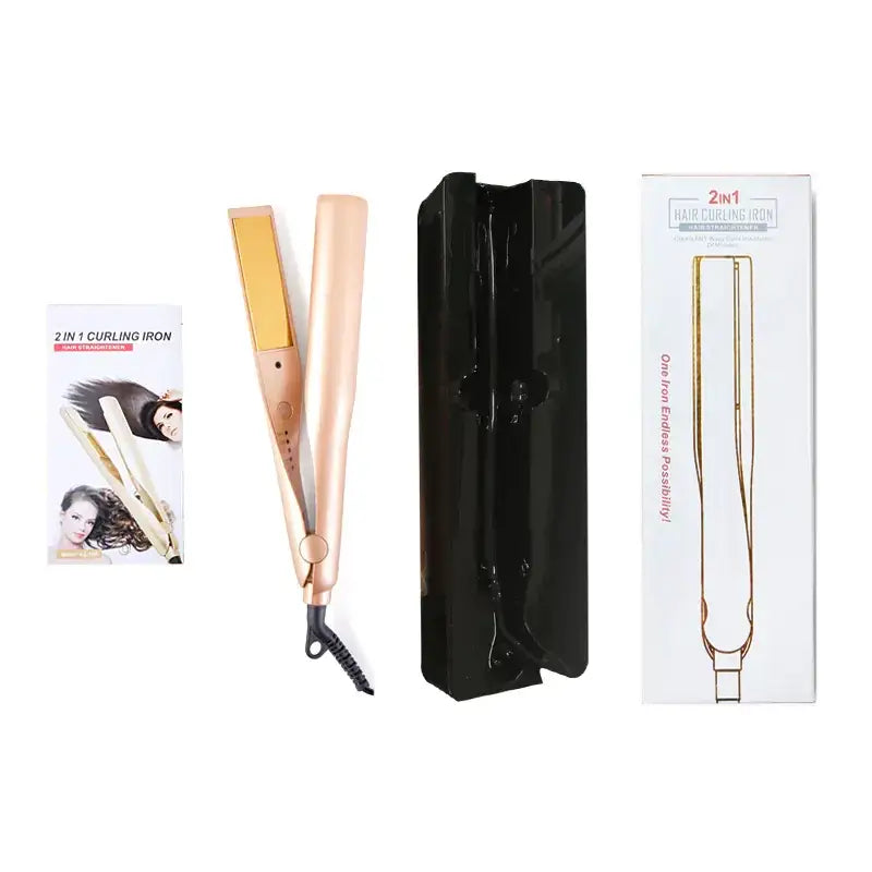 Rose gold 2-in-1 hair curling iron with a sleek, modern design and smooth plates.