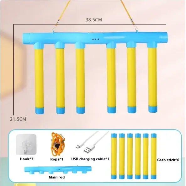 Blue and yellow plastic hanging clothes drying rack with six grab sticks.
