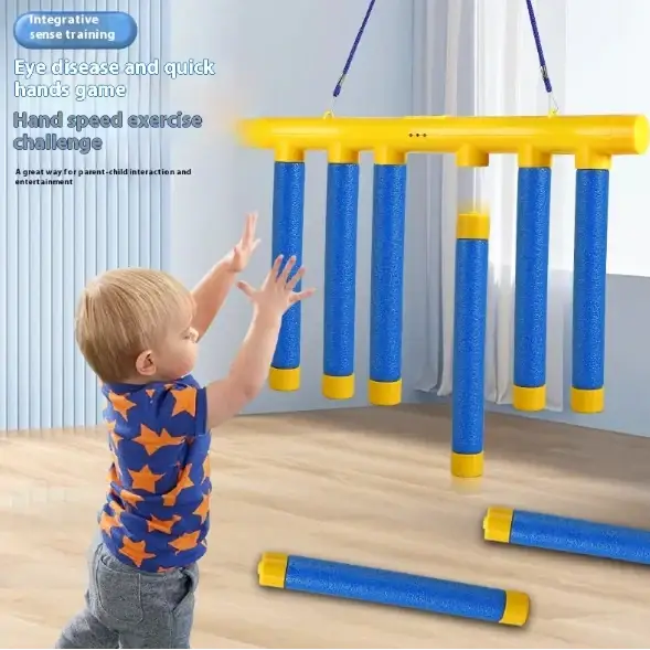 Yellow and blue foam tube hand speed exercise toy with hanging bars.