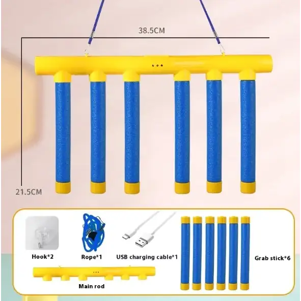 Yellow and blue foam dart shooter with six grab sticks, main rod, hooks, rope, and usb charging cable included.