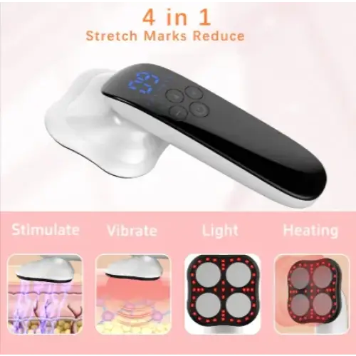 Black and white handheld device with a digital display, featuring four circular treatment pads for stimulating, vibrating, lighting, or heating skin.
