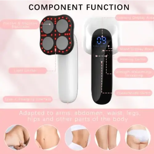 White and black handheld device with four circular red light-emitting pads on one side and a digital display screen on the other.
